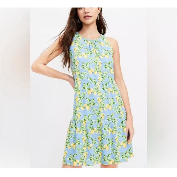 LOFT Lemon Print Tiered Swing Dress Women's Small Blue Yellow Linen Blend - Picture 1 of 13